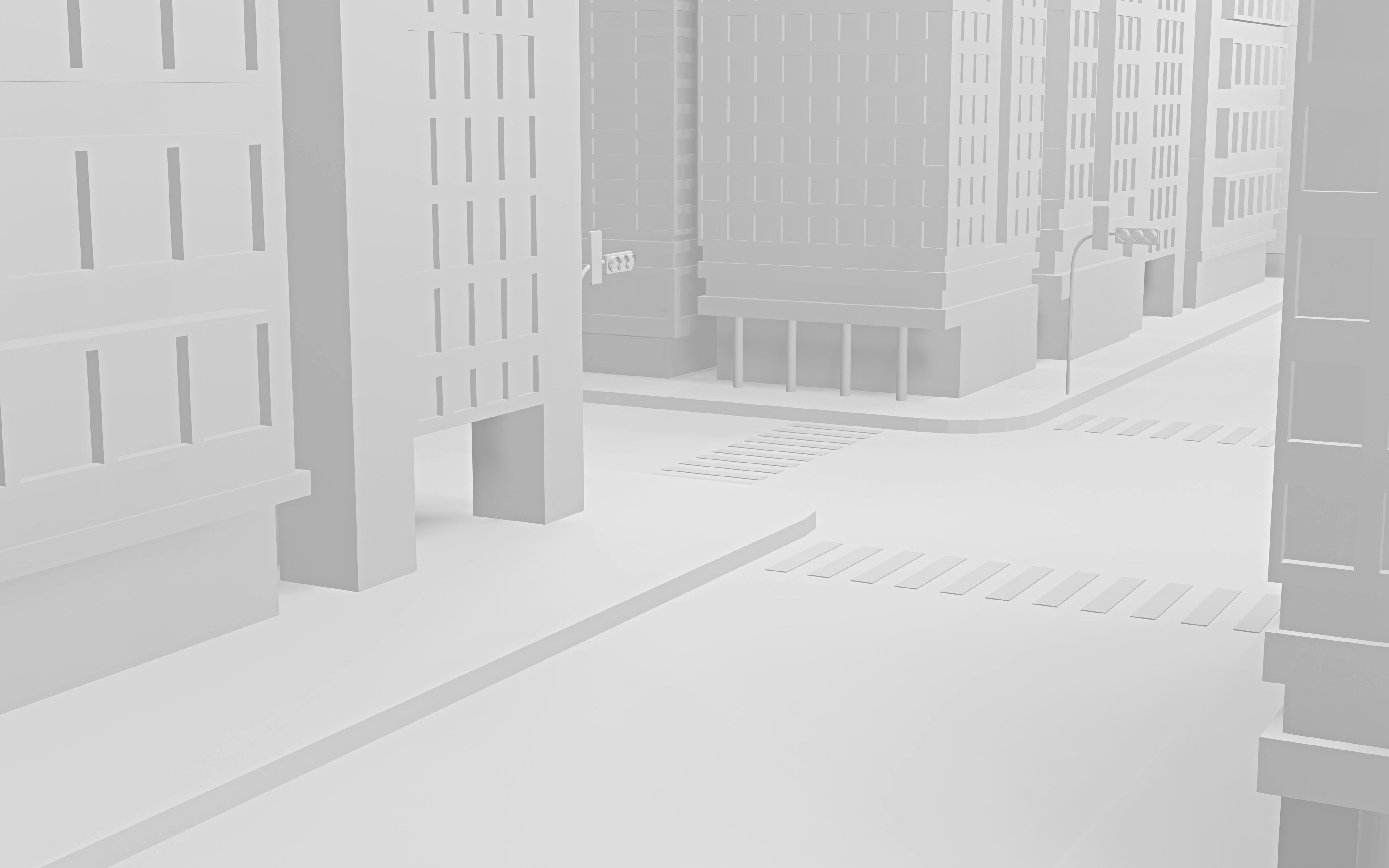 White card miniature model of a city street with buildings and crosswalks.