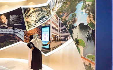 Visitors exploring Petronas Twin Towers exhibit in Kuala Lumpur.