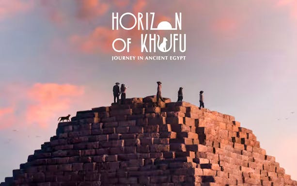 Visitors on a pyramid with a cat at sunset, promoting Sydney's Horizon of Khufu VR experience.