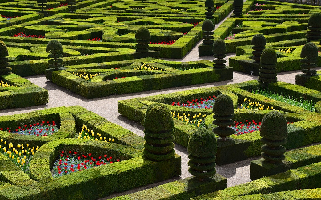 Villandry Gardens' intricate hedges and colorful flower beds in France.