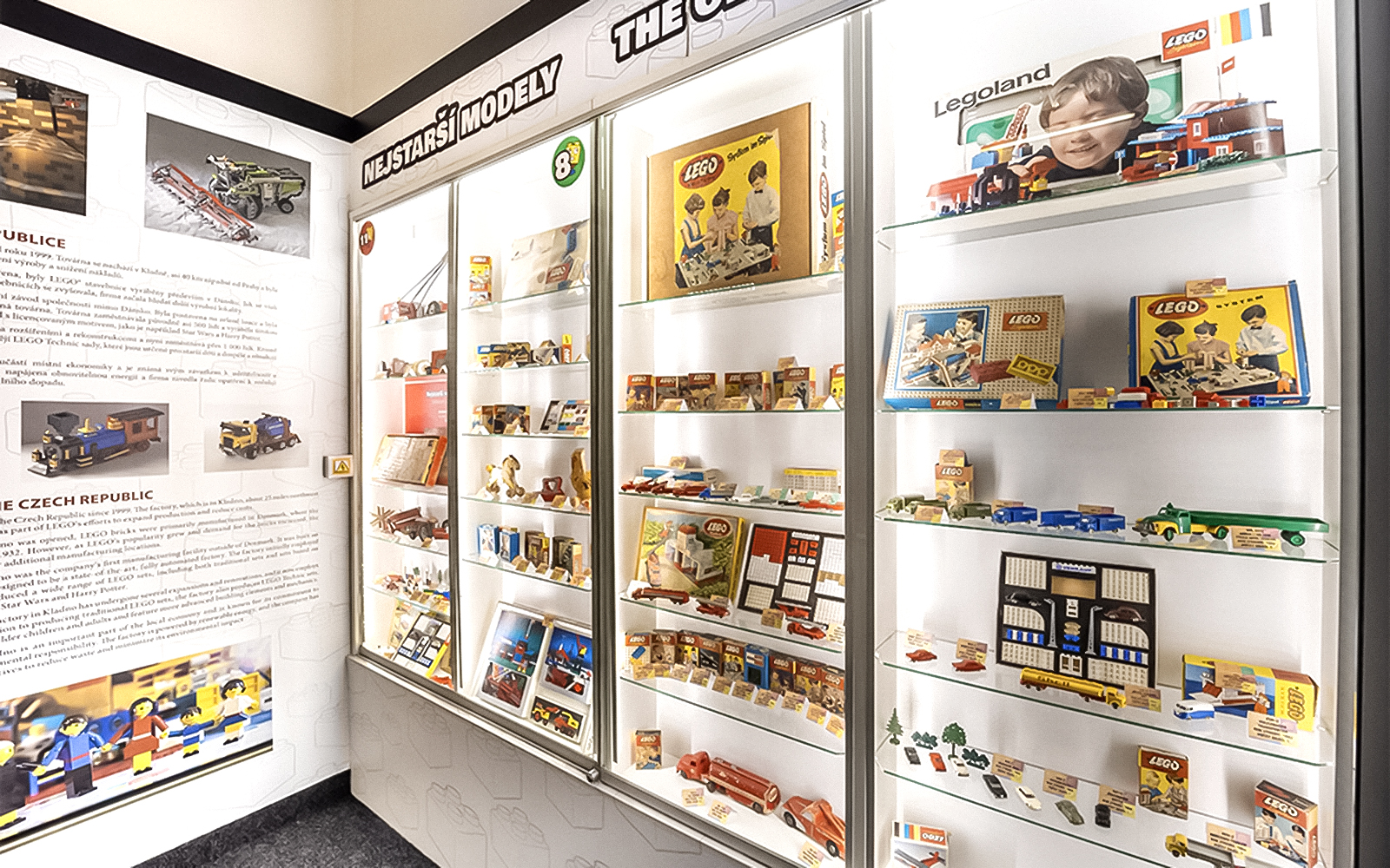 Display of vintage LEGO sets at the Museum of Bricks.