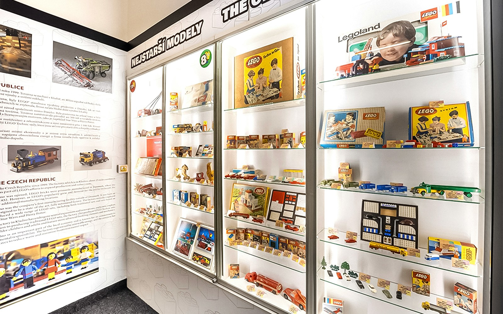 Display of vintage LEGO sets at the Museum of Bricks.