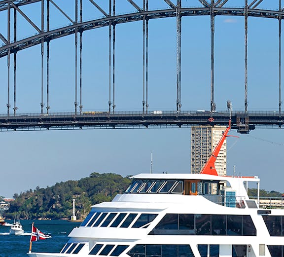 Cruise ship near Sydney Harbour Bridge on Captain Cook Cruises tour.