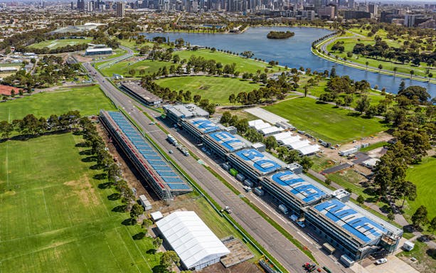 Aerial view of Albert Park Circuit, Melbourne, set up for Formula 1 Australian Grand Prix 2023.