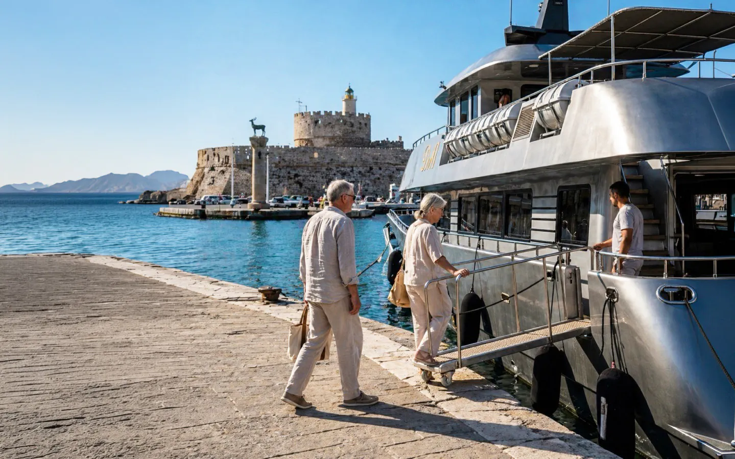 Passengers boarding cruise ship in Rhodes harbor with medieval fort in background.