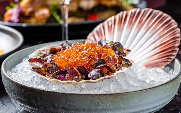 Scallop shell with caviar and greens on ice, CÉ LA VI Dubai lunch set menu.