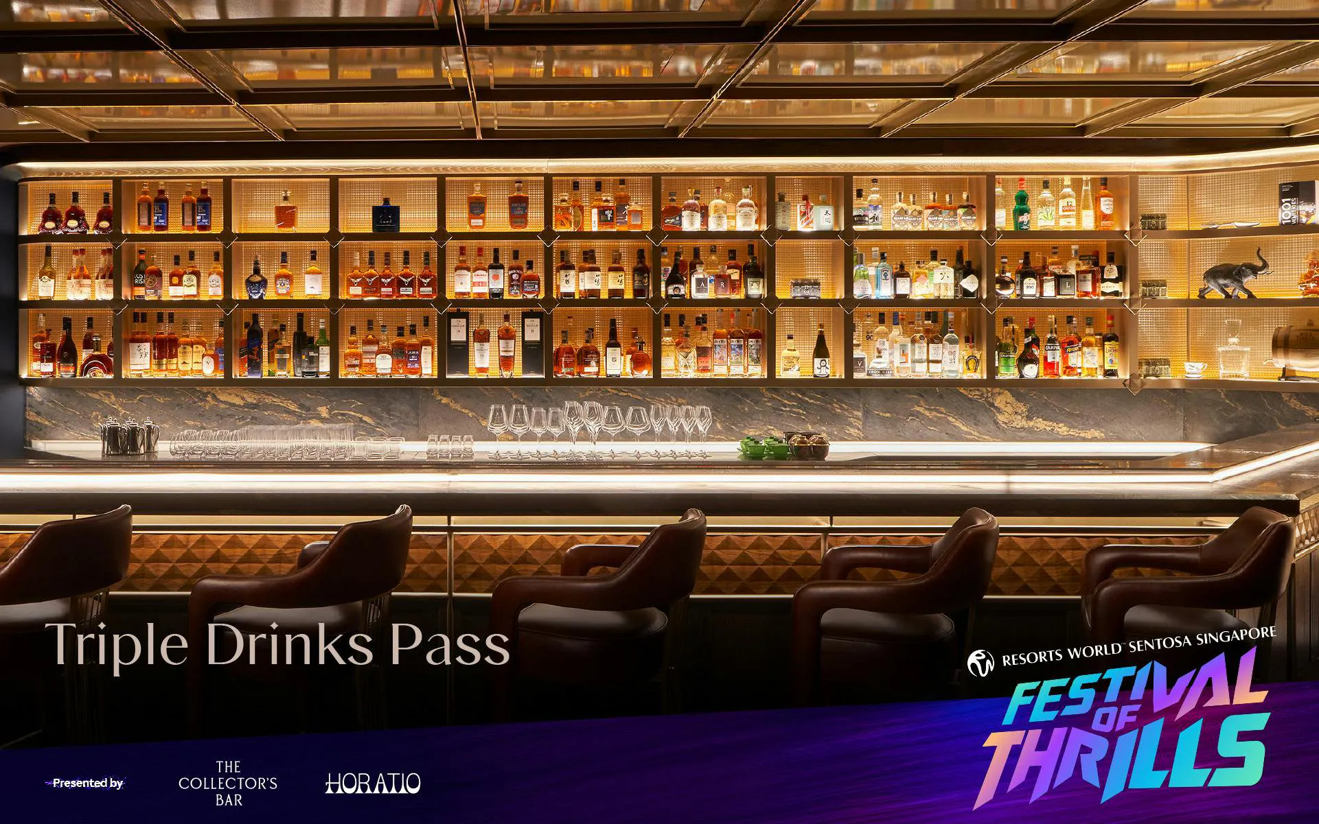 Luxury bar counter with leather stools and back-lit liquor shelves at Resorts World Sentosa Singapore.