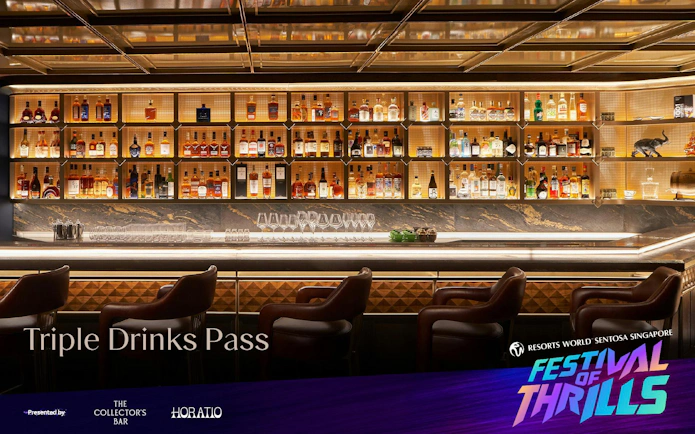 Luxury bar counter with leather stools and back-lit liquor shelves at Resorts World Sentosa Singapore.