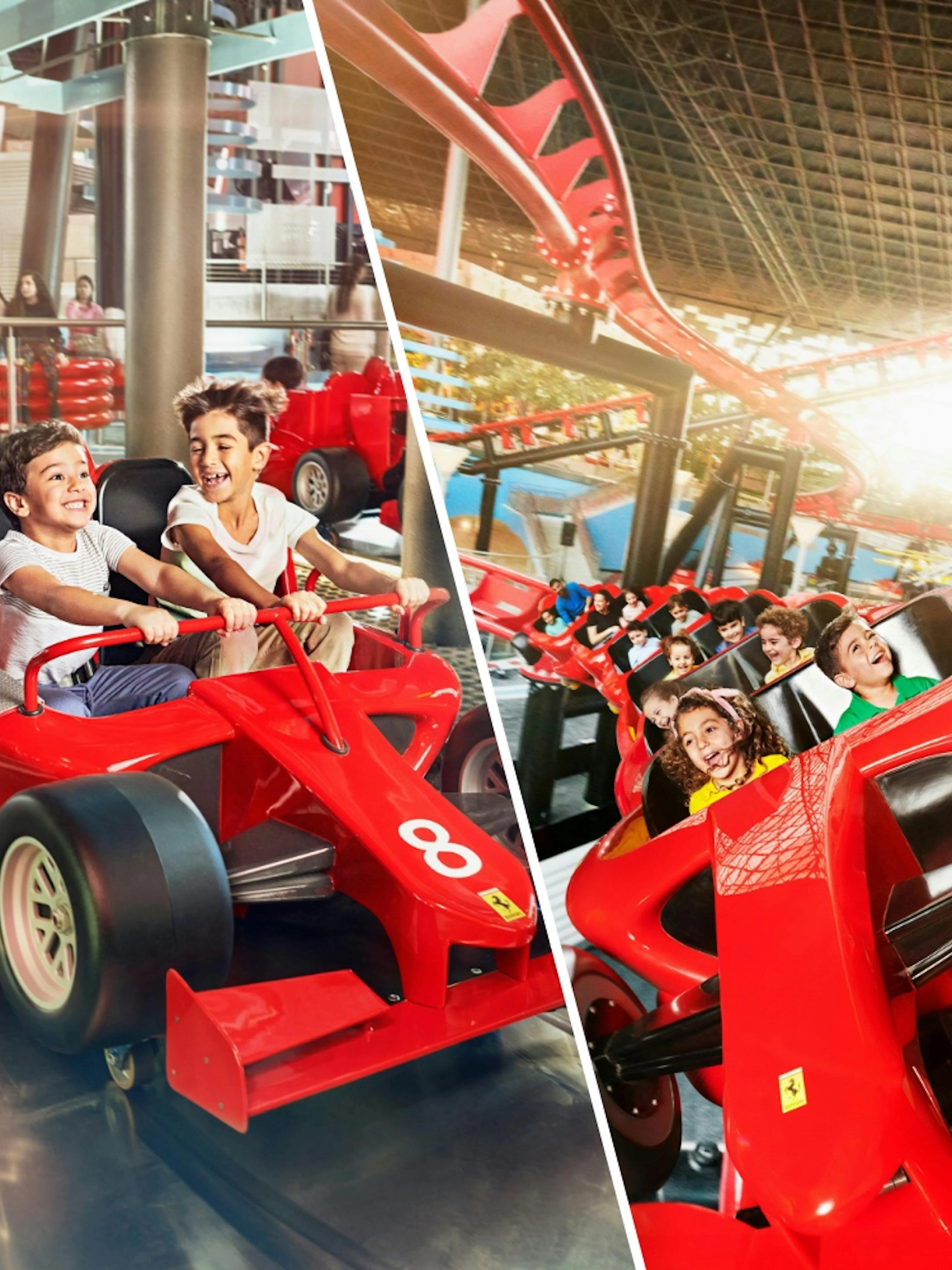 Children enjoying a ride on the junior race track at Ferrari World Abu Dhabi.
