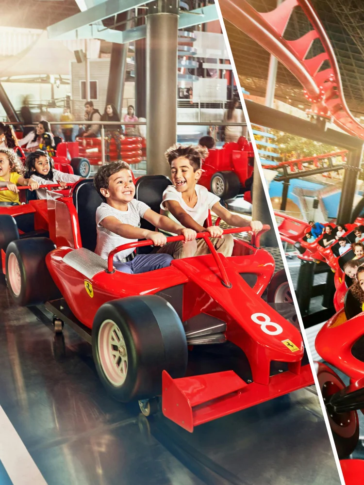 Children enjoying a ride on the junior race track at Ferrari World Abu Dhabi.