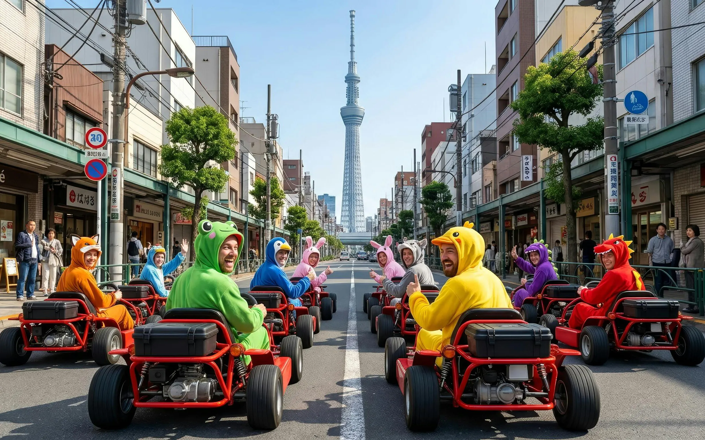 Go-kart riders in costumes driving in Akihabara with Tokyo Skytree in the background.