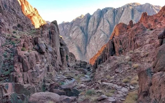 Mount Sinai rocky path at sunrise during guided ascent on St. Catherine Monastery tour from Cairo.