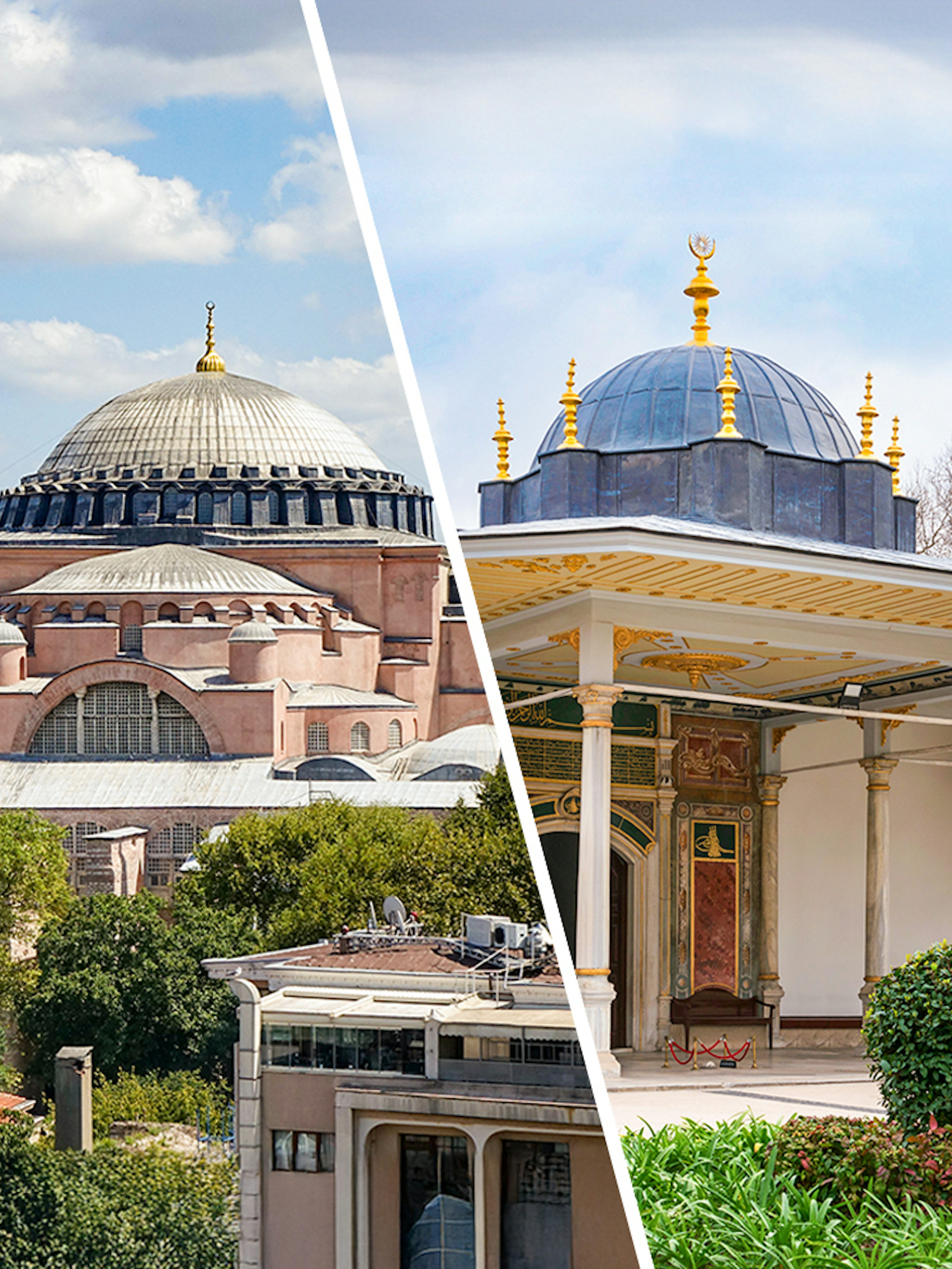 Hagia Sophia exterior with minarets in Istanbul, Turkey, under a blue sky.