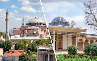 Hagia Sophia exterior with minarets in Istanbul, Turkey, under a blue sky.
