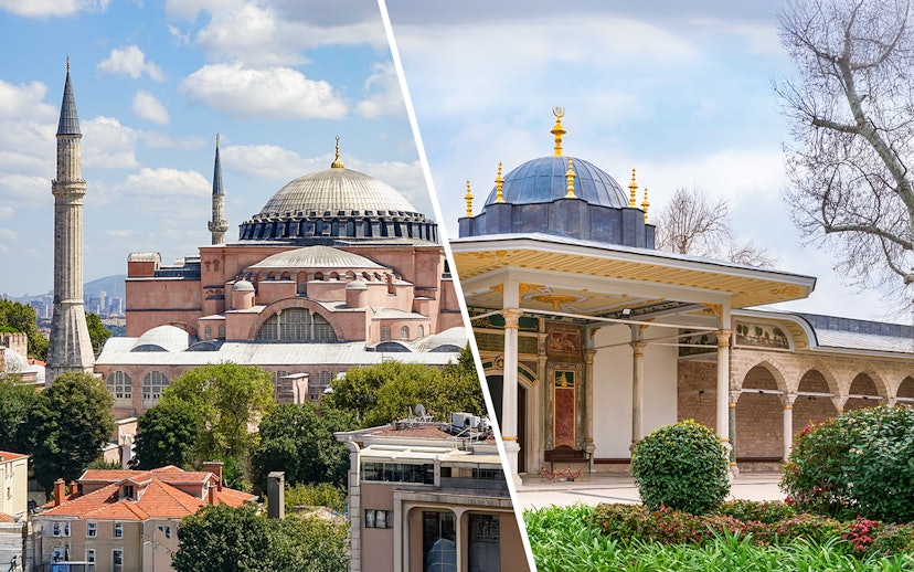Hagia Sophia exterior with minarets in Istanbul, Turkey, under a blue sky.