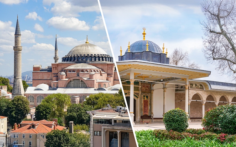 Hagia Sophia exterior with minarets in Istanbul, Turkey, under a blue sky.