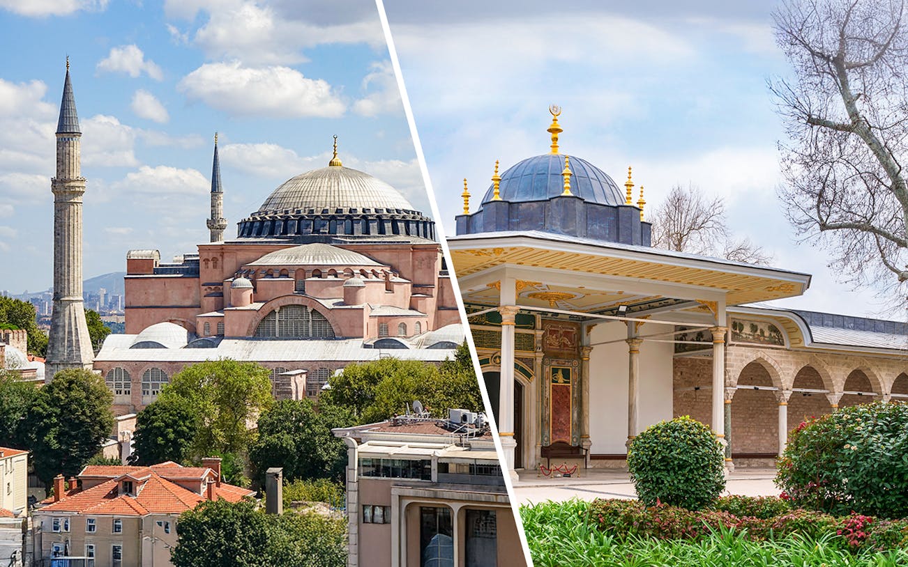 Hagia Sophia exterior with minarets in Istanbul, Turkey, under a blue sky.