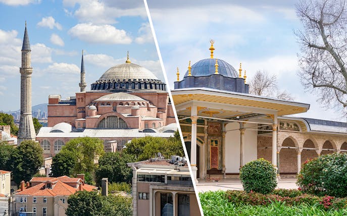 Hagia Sophia exterior with minarets in Istanbul, Turkey, under a blue sky.