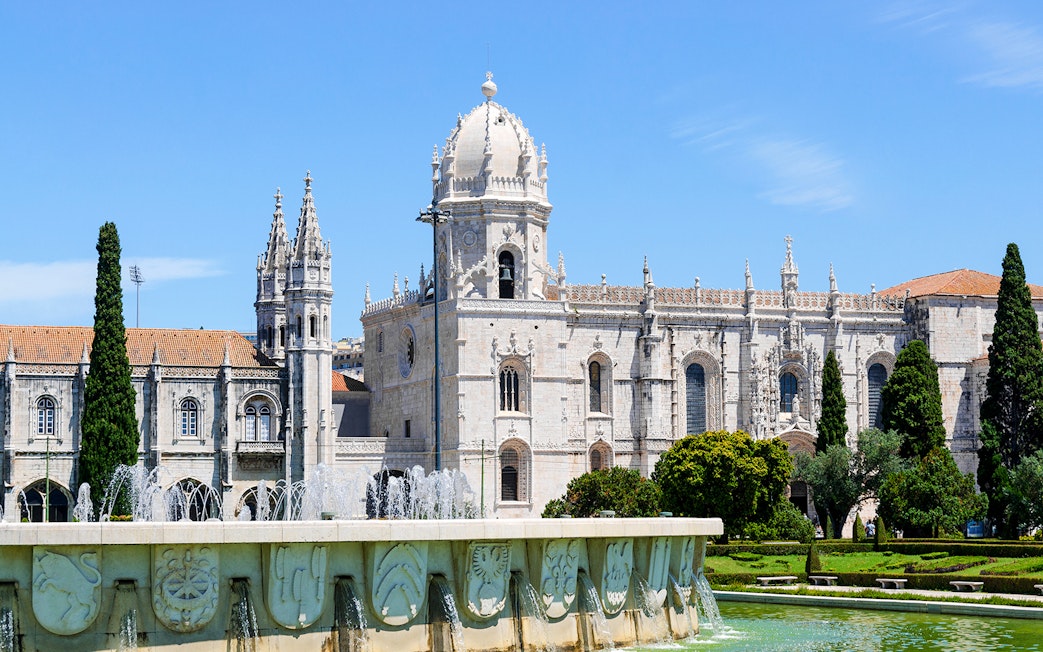 Jerónimos Monastery with fountain in Lisbon, near National Museum of Contemporary Art.