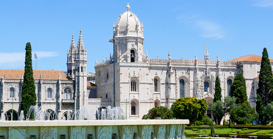 Jerónimos Monastery with fountain in Lisbon, near National Museum of Contemporary Art.