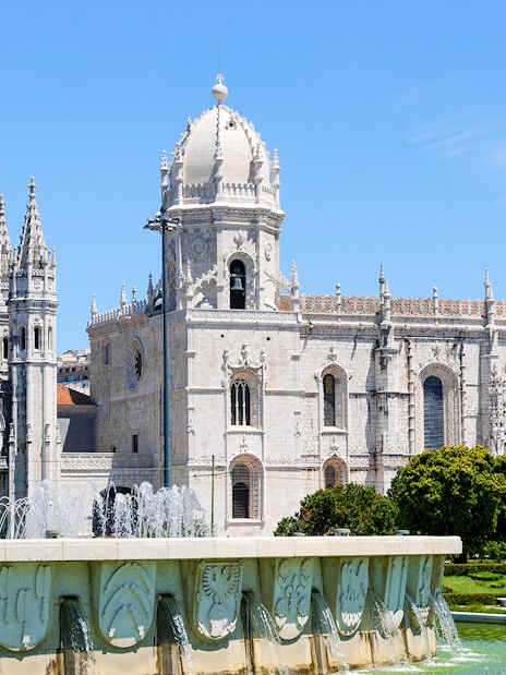 Jerónimos Monastery with fountain in Lisbon, near National Museum of Contemporary Art.