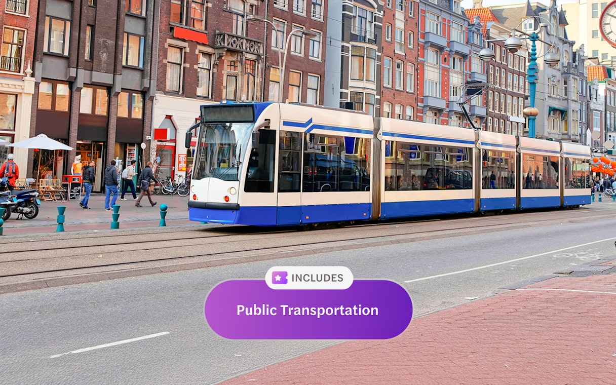 Tram in Amsterdam city center, part of I Amsterdam City Card public transportation.