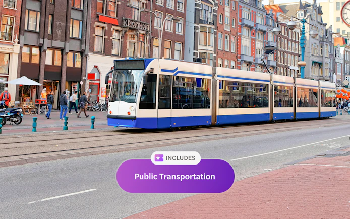 Tram in Amsterdam city center, part of I Amsterdam City Card public transportation.