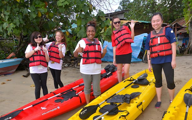 Kayakers preparing for Round Ketam kayaking tour at Pulau Ubin, Singapore.