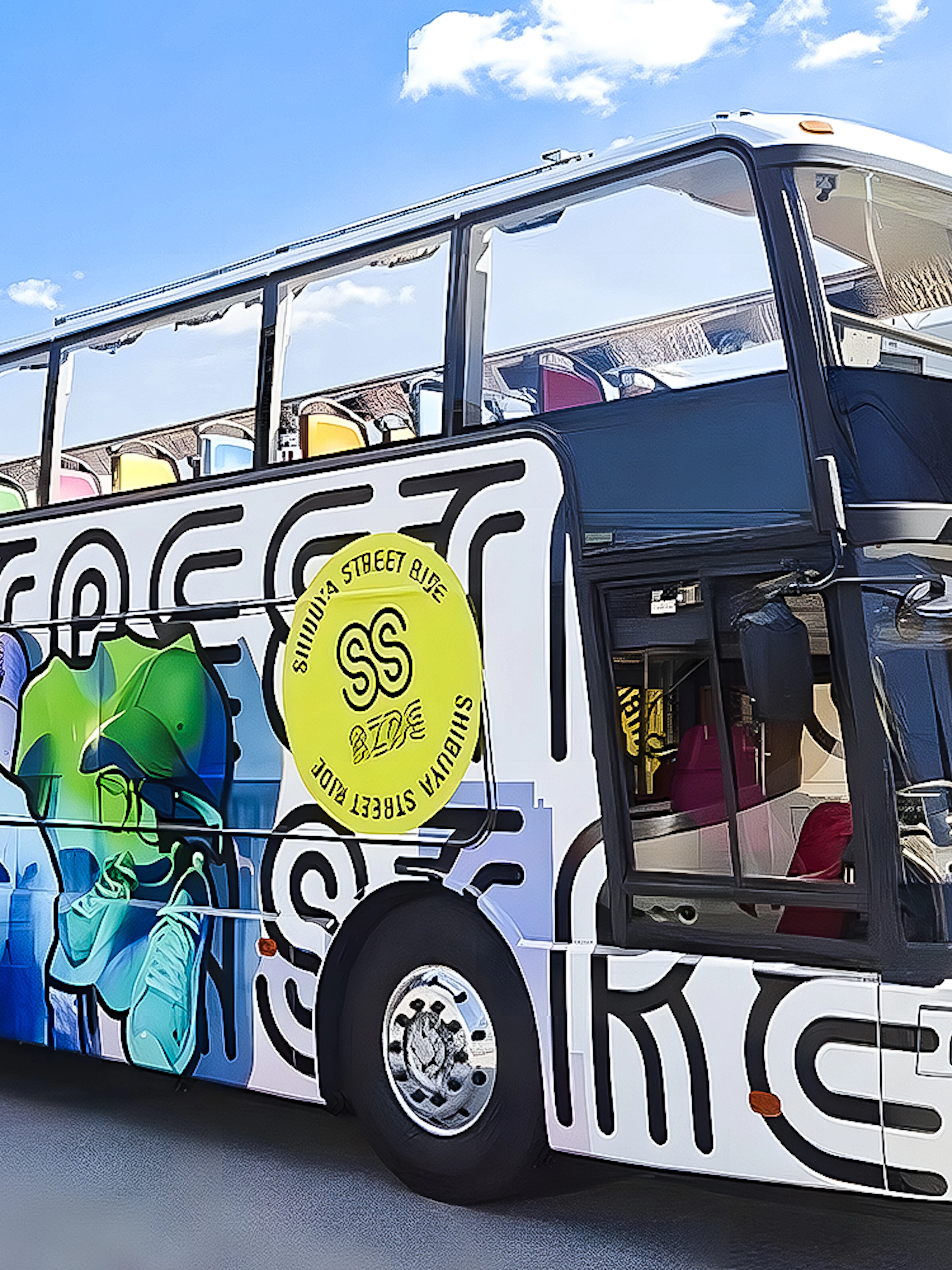 Double-decker bus with colorful graffiti design in Tokyo parking area.