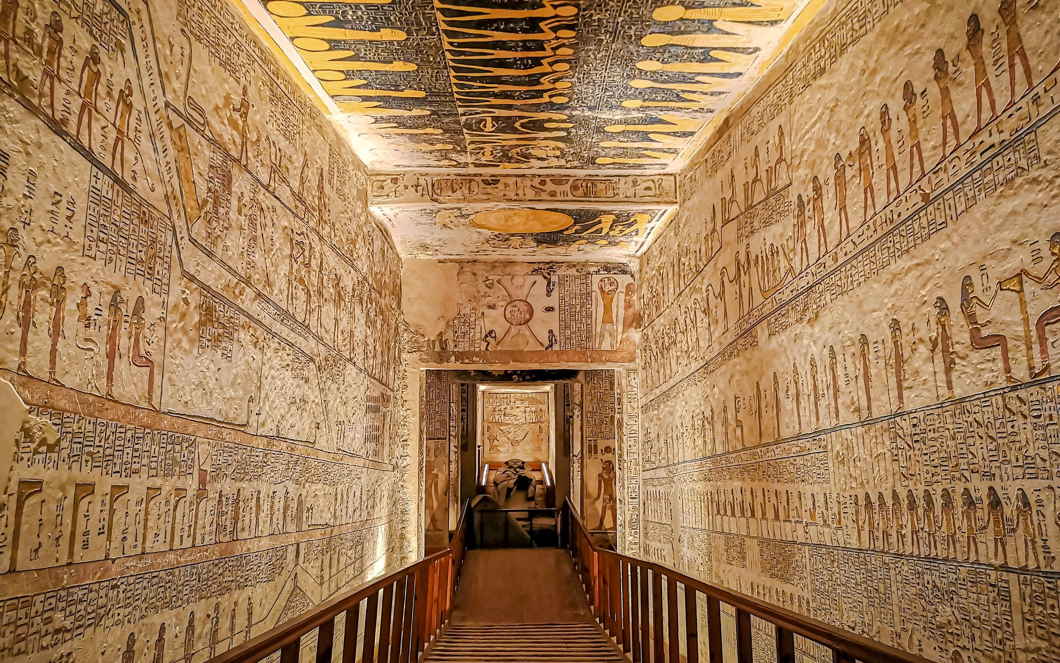 Painted hieroglyphic corridor in the Valley of the Kings tomb, Egypt.