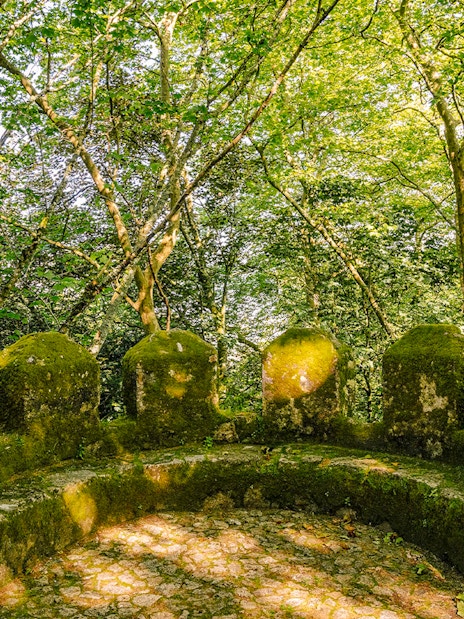 Moss-covered stone walls of Moorish Castle's second ring in Sintra, Portugal, surrounded by trees.