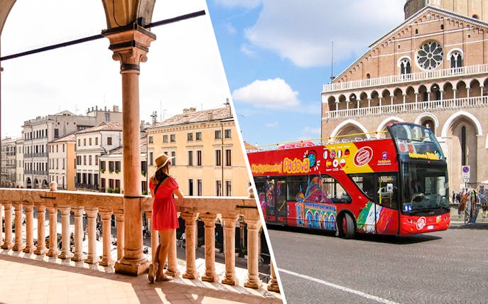 Guided tour at Caffè Pedrocchi balcony and sightseeing bus in Padua, Italy.