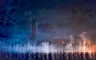 Nighttime scene of soldiers with spears and flags in Istanbul, part of Legends of Istanbul tour.