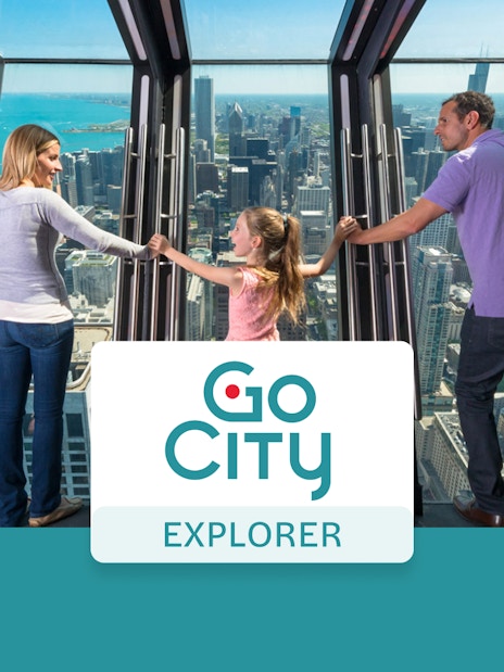 Family enjoying Chicago skyline view from observation deck.