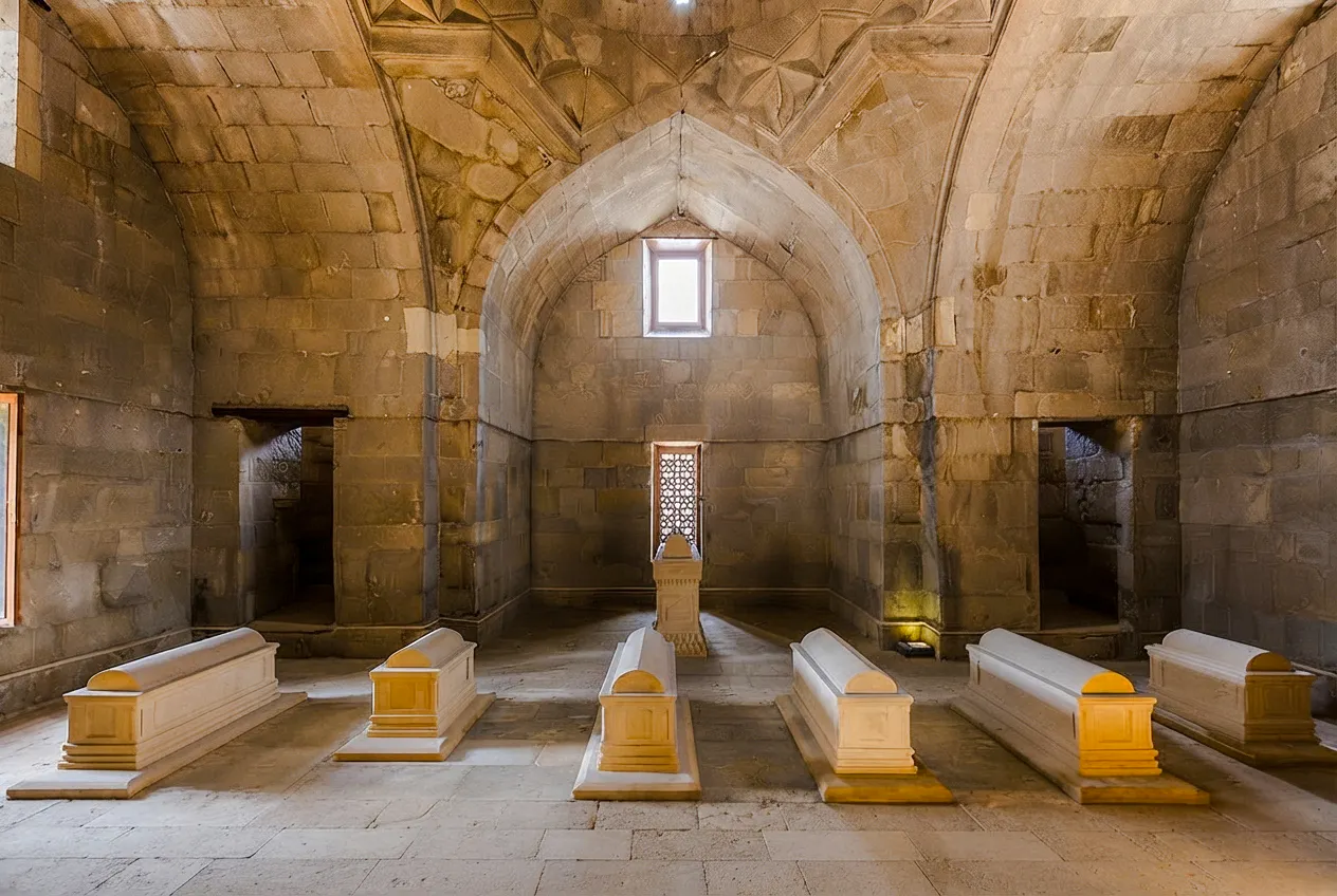 Interior of the Palace of the Shirvanshahs with stone sarcophagi, Baku.