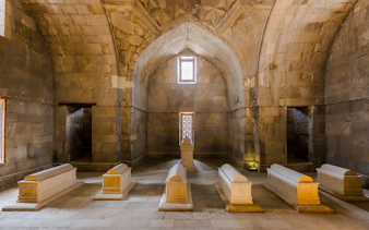 Interior of the Palace of the Shirvanshahs with stone sarcophagi, Baku.