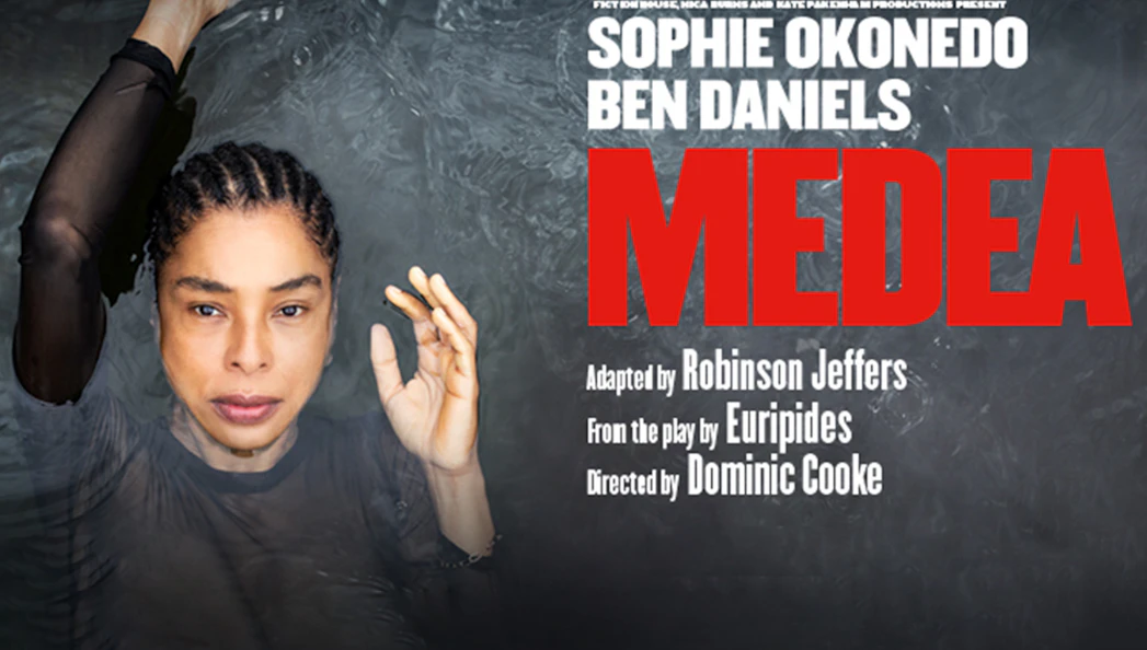 Actor in water with text promoting the play Medea by Euripides.