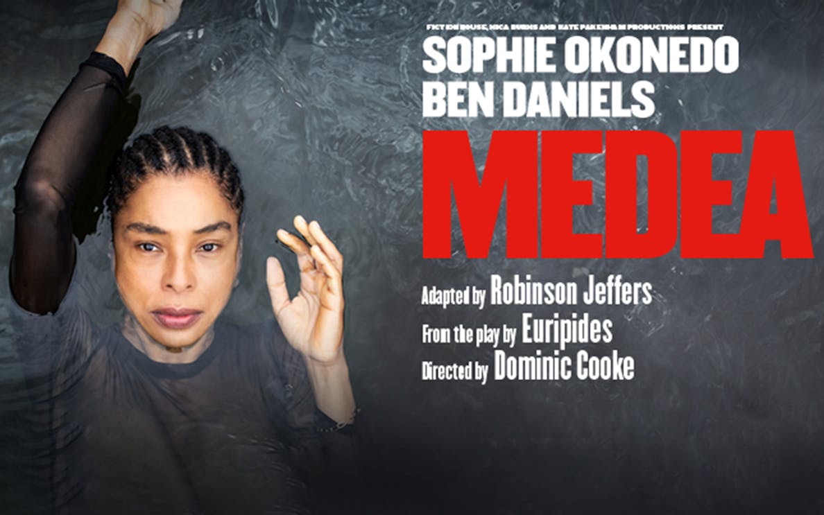 Actor in water with text promoting the play Medea by Euripides.