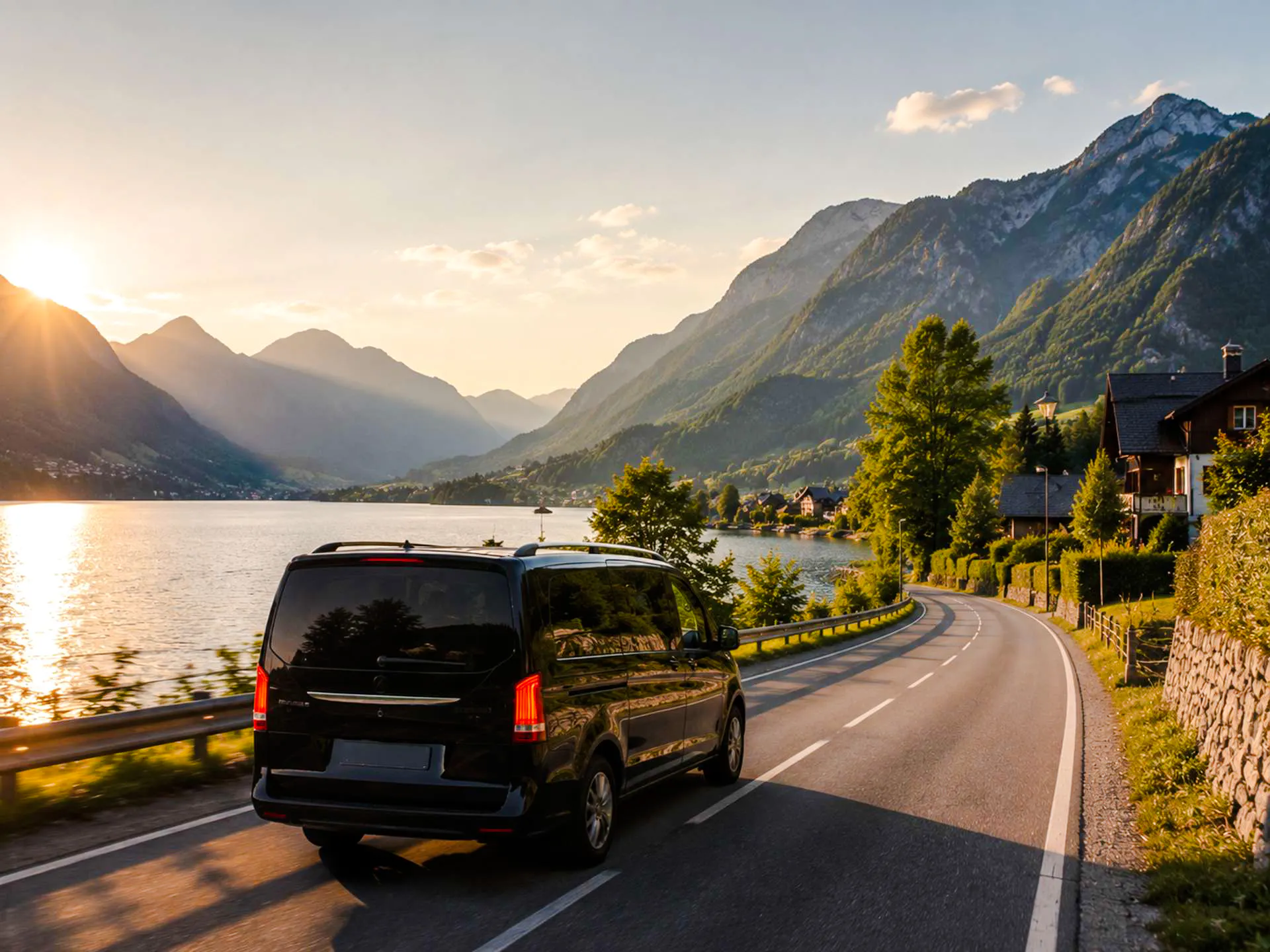 Van driving along a lakeside road with mountains in Hallstatt, near Salzburg.