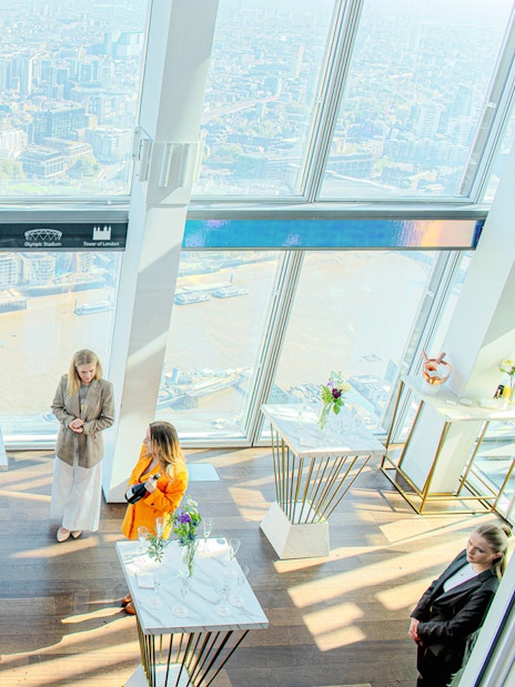 Guests enjoying champagne with a view of London from The Shard.
