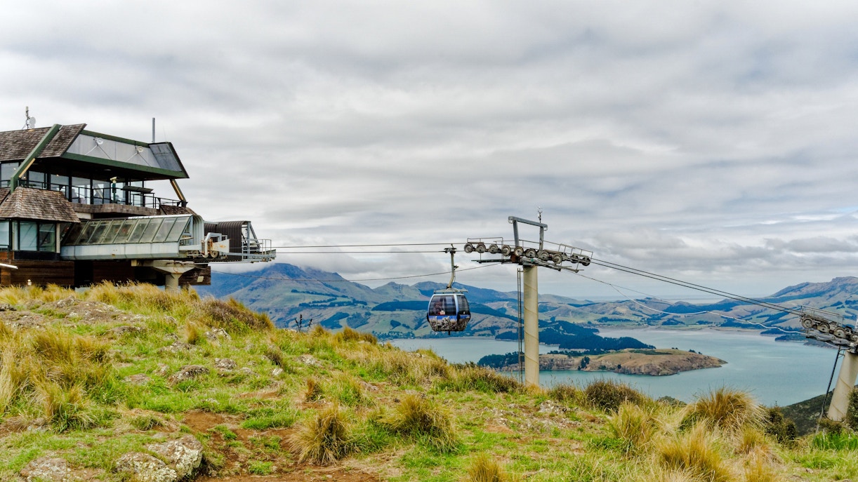 Gondola ride over Port Hills with view of Christchurch landscape and water.