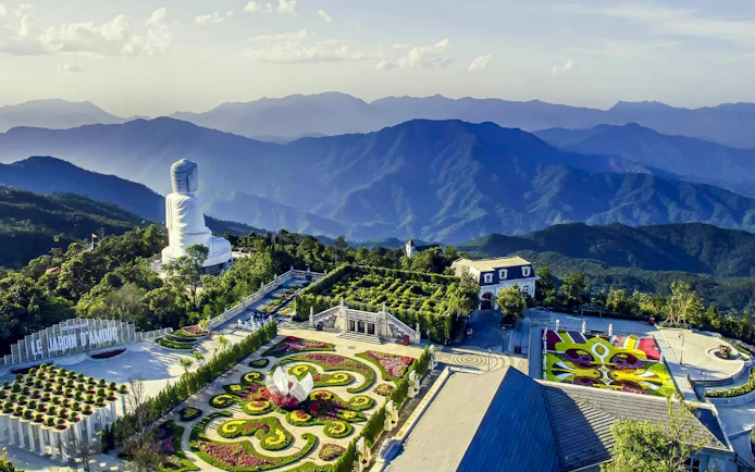 Linh Ung Pagoda statue and gardens at Sun World Ba Na Hills, Da Nang, Vietnam.
