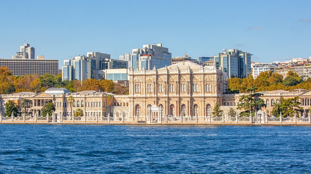 Dolmabahce Palace facade along the Bosphorus in Istanbul, Turkey.
