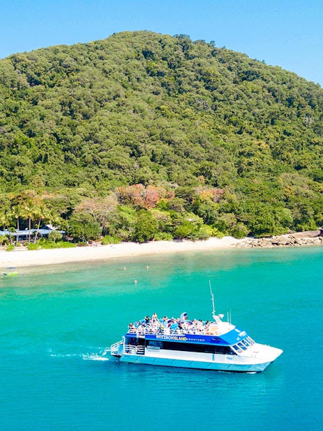 Cruise ship approaching Fitzroy Island beach with lush green hills in the background.