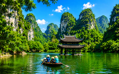 Boat on river with travelers wearing conical hats, limestone karsts, and pagoda in Ninh Binh, Vietnam.