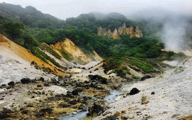 Hokkaido's Jigokudani volcanic landscape with steaming vents and lush greenery.
