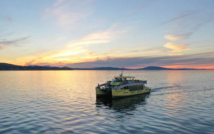 Prince of Whales catamaran sailing on calm waters at sunset.