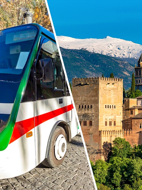 Granada city tour bus and Alhambra with Sierra Nevada backdrop.