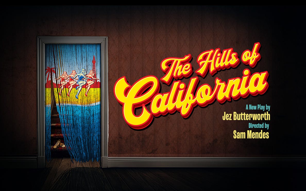 The Hills of California" play poster with dancers and palm trees.