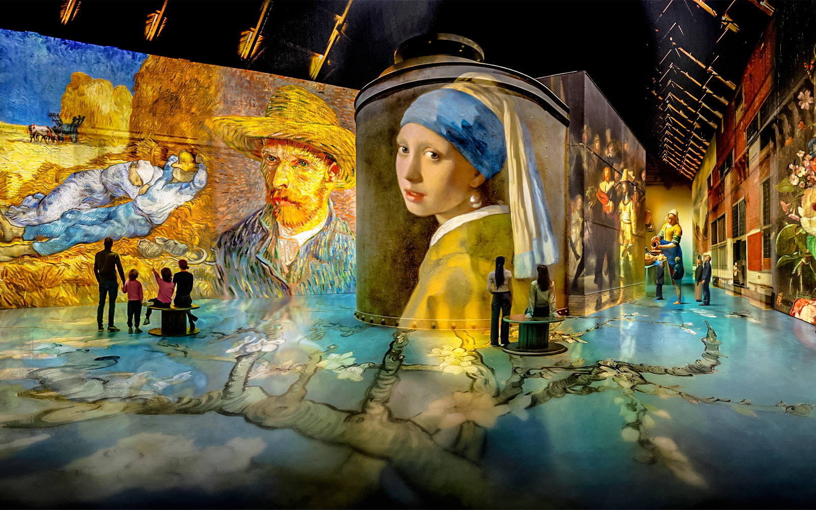 Immersive art projections at Fabrique des Lumières featuring Van Gogh and Vermeer.